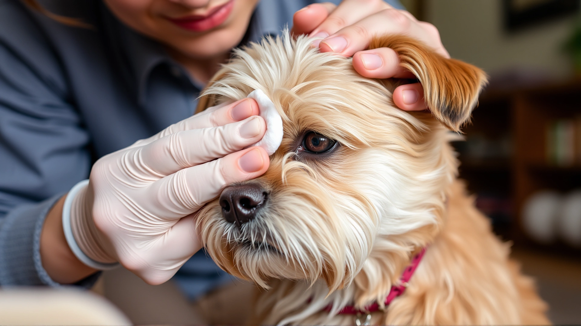 Dog owner carefully wiping a Shih Tzu's eye area with a warm, damp cotton pad at home