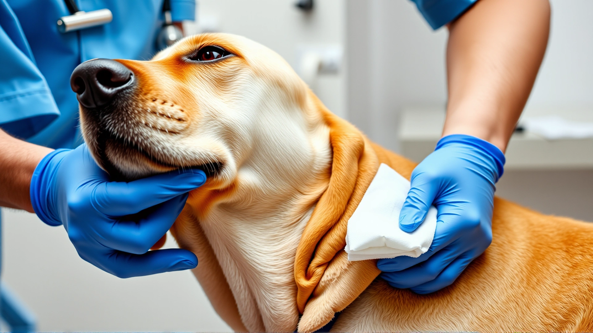 Veterinarian wearing blue gloves cleaning a Labrador's ear with a cotton pad in a clinical examination room, demonstrating proper ear preparation