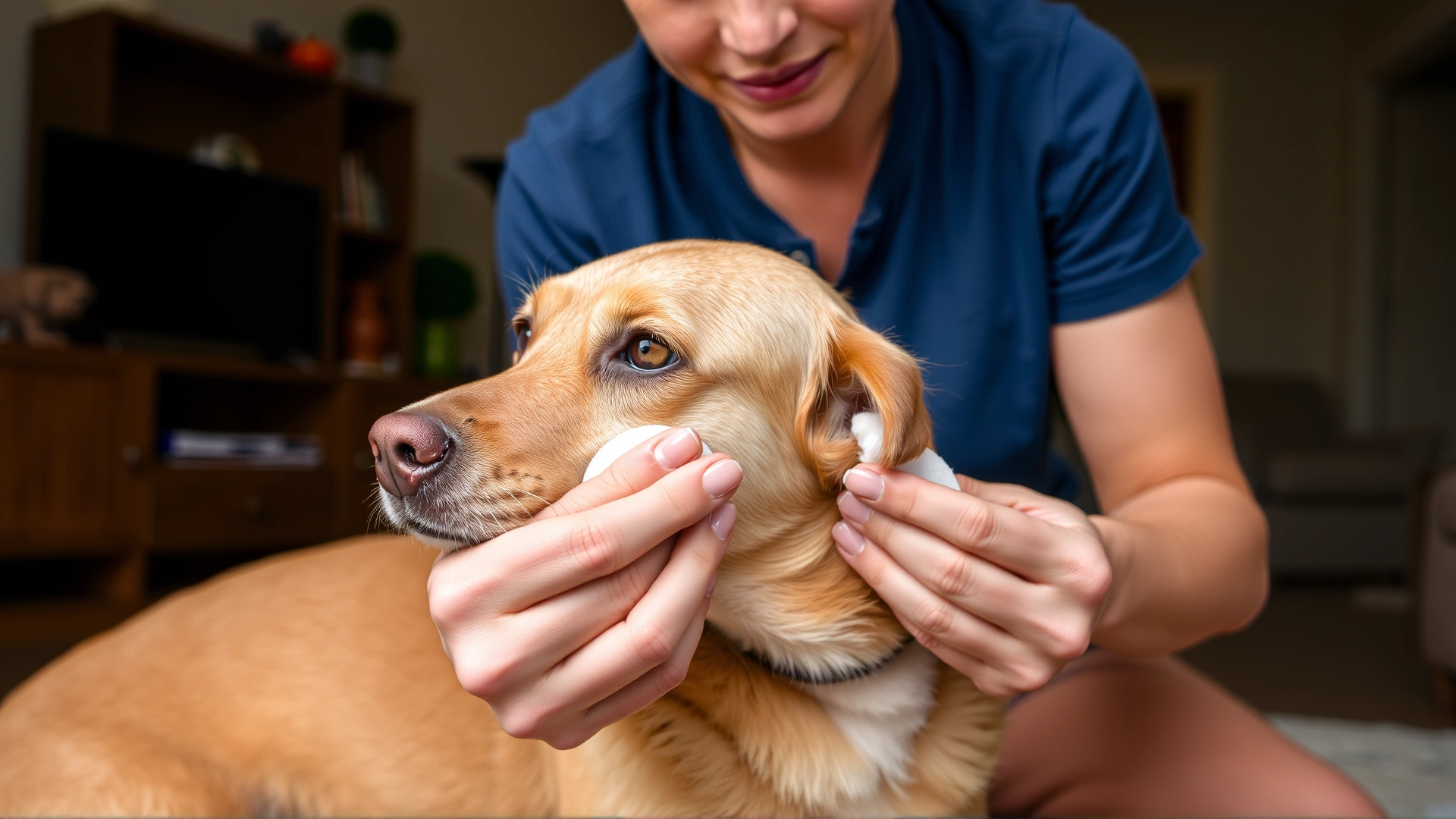 Photo of pet owner using cotton pad to gently clean dog's ear, home environment, calm mood, no text