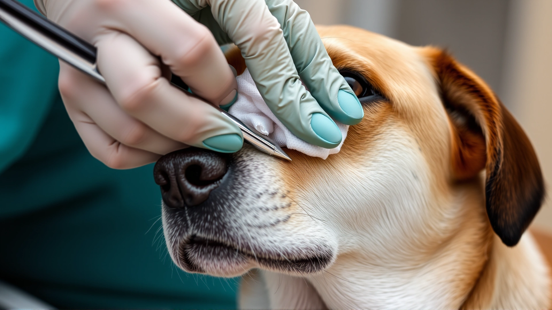 Close-up of a veterinarian cleaning a dog’s ear canal with a cotton pad, dog calm and relaxed.