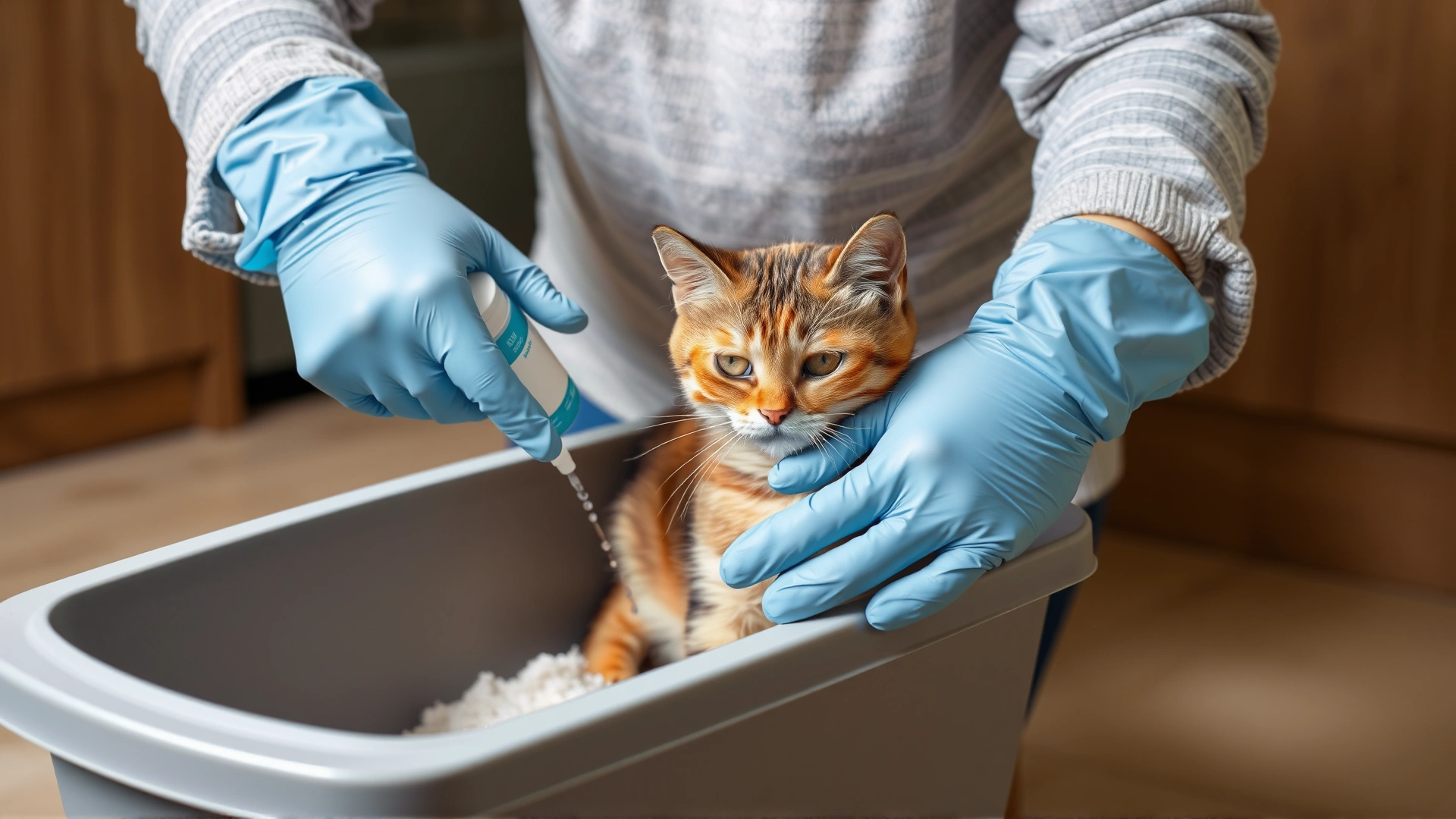 Person cleaning a cat’s litter box with gloves and disinfectant to emphasize sanitation
