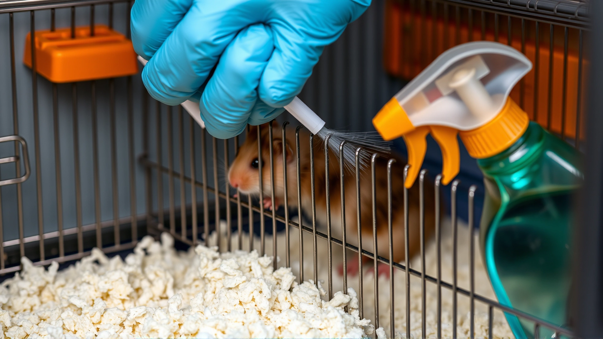 Close-up of hands wearing rubber gloves disinfecting a hamster cage with spray bottle and clean bedding nearby.
