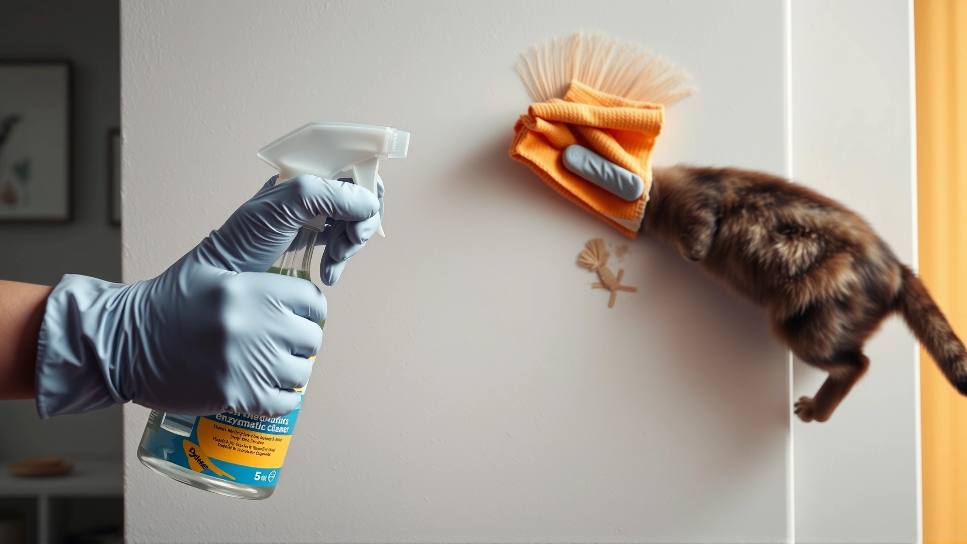 Person wearing gloves using enzymatic cleaner spray bottle and cloth to wipe a wall where a cat has sprayed, home interior, no text