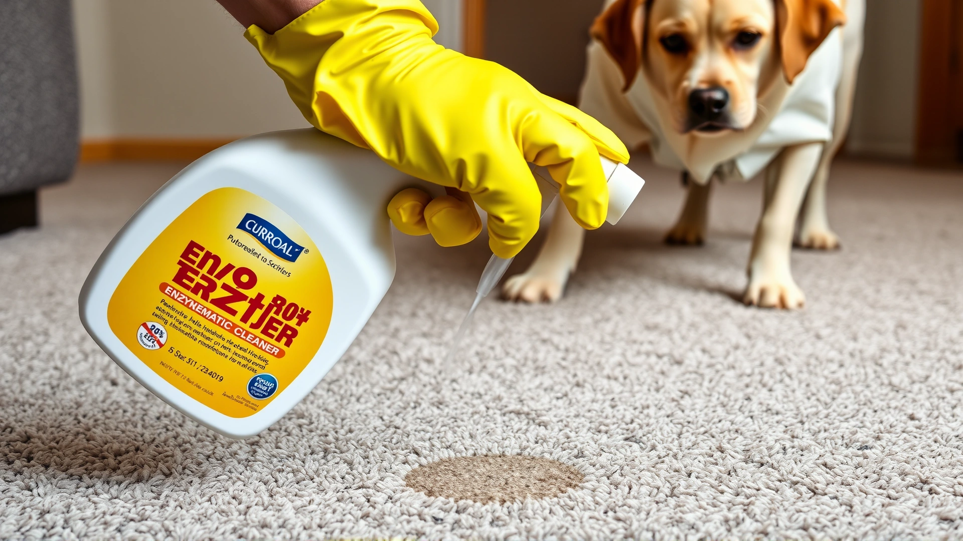 Hand in rubber glove spraying an enzymatic cleaner on a carpet spot with a dog watching from the background, showing proper cleanup technique.