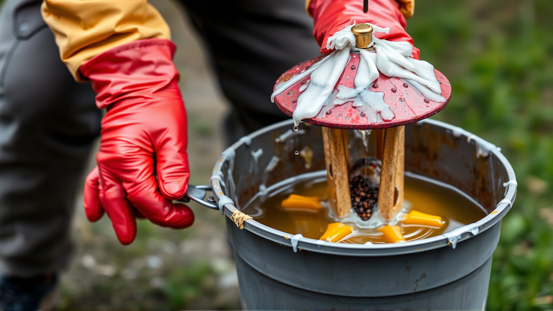 Person wearing rubber gloves scrubbing a bird feeder in a bucket of soapy water outdoors.