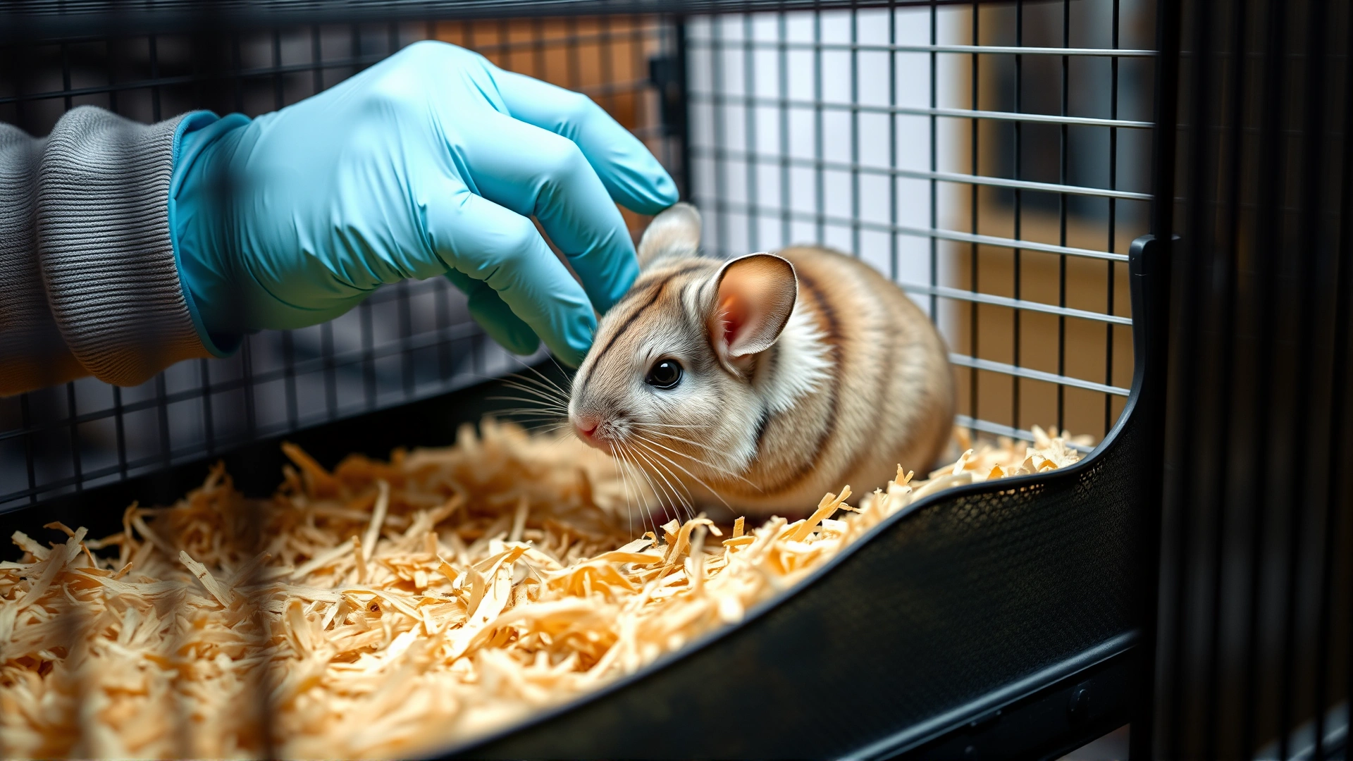 Pet owner wearing gloves while cleaning a chinchilla cage, replacing bedding with fresh shavings