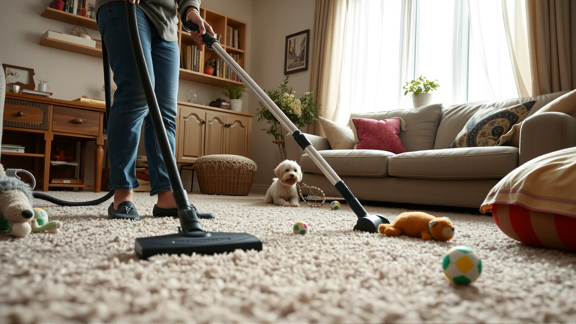 Person vacuuming a cozy living room carpet with pet toys scattered around, depicting home cleaning to remove fleas