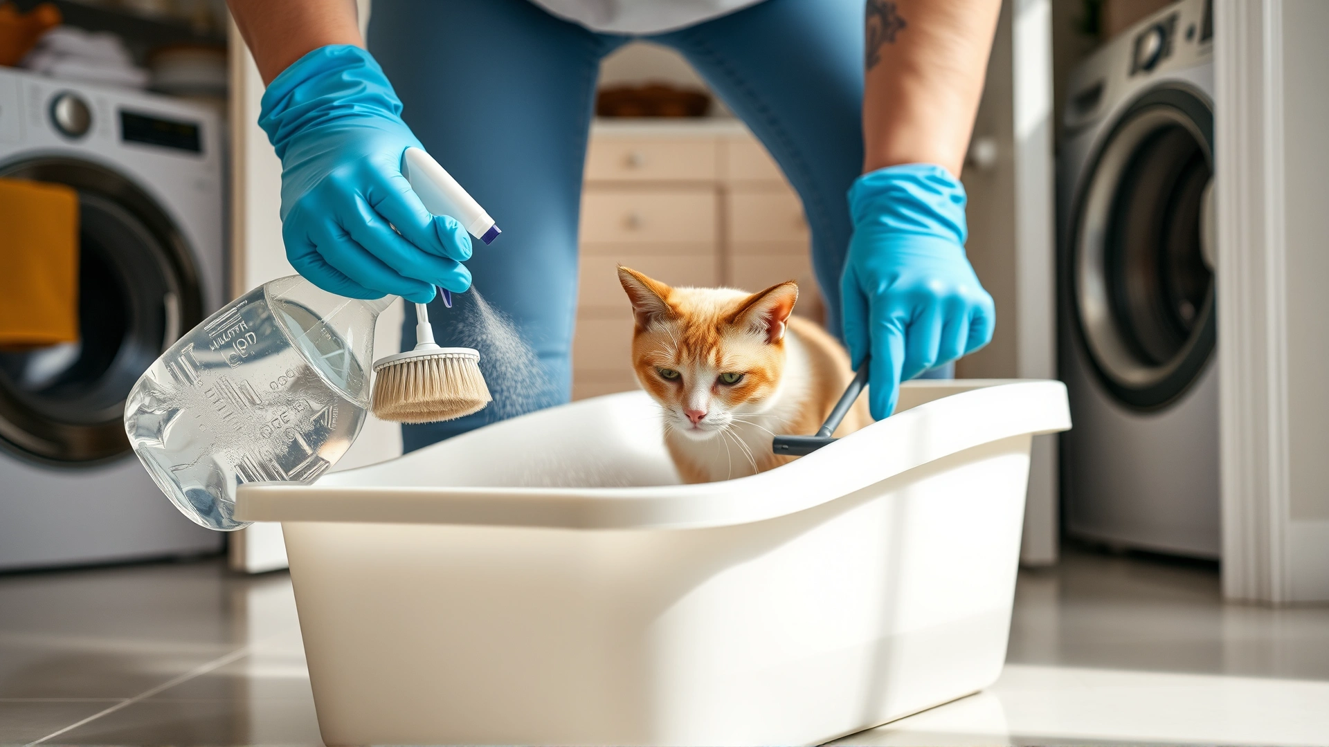 Image of a pet owner wearing rubber gloves while disinfecting a cat litter box with spray bottle and brush in a bright laundry room.