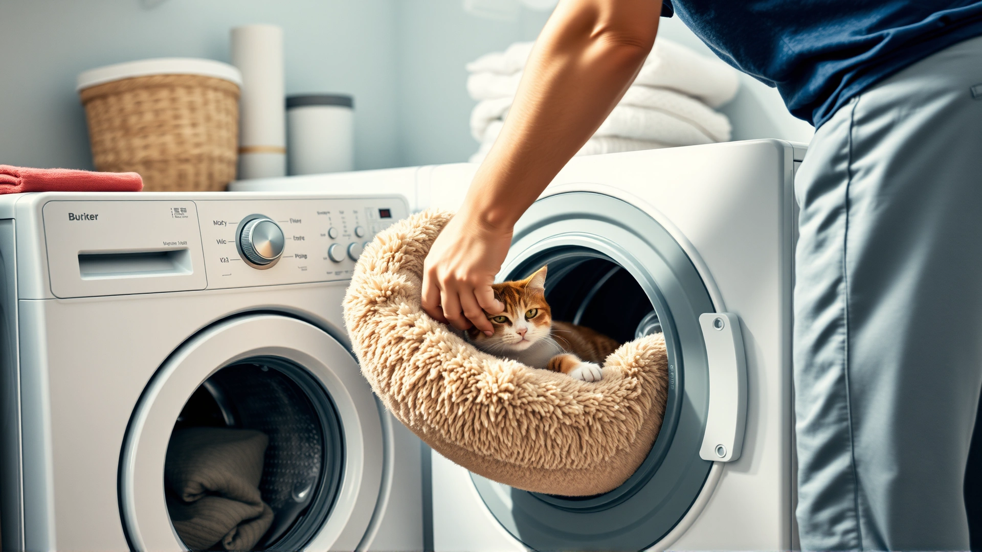 Person placing a cat bed and blankets into a washing machine to disinfect them, bright and tidy laundry room.