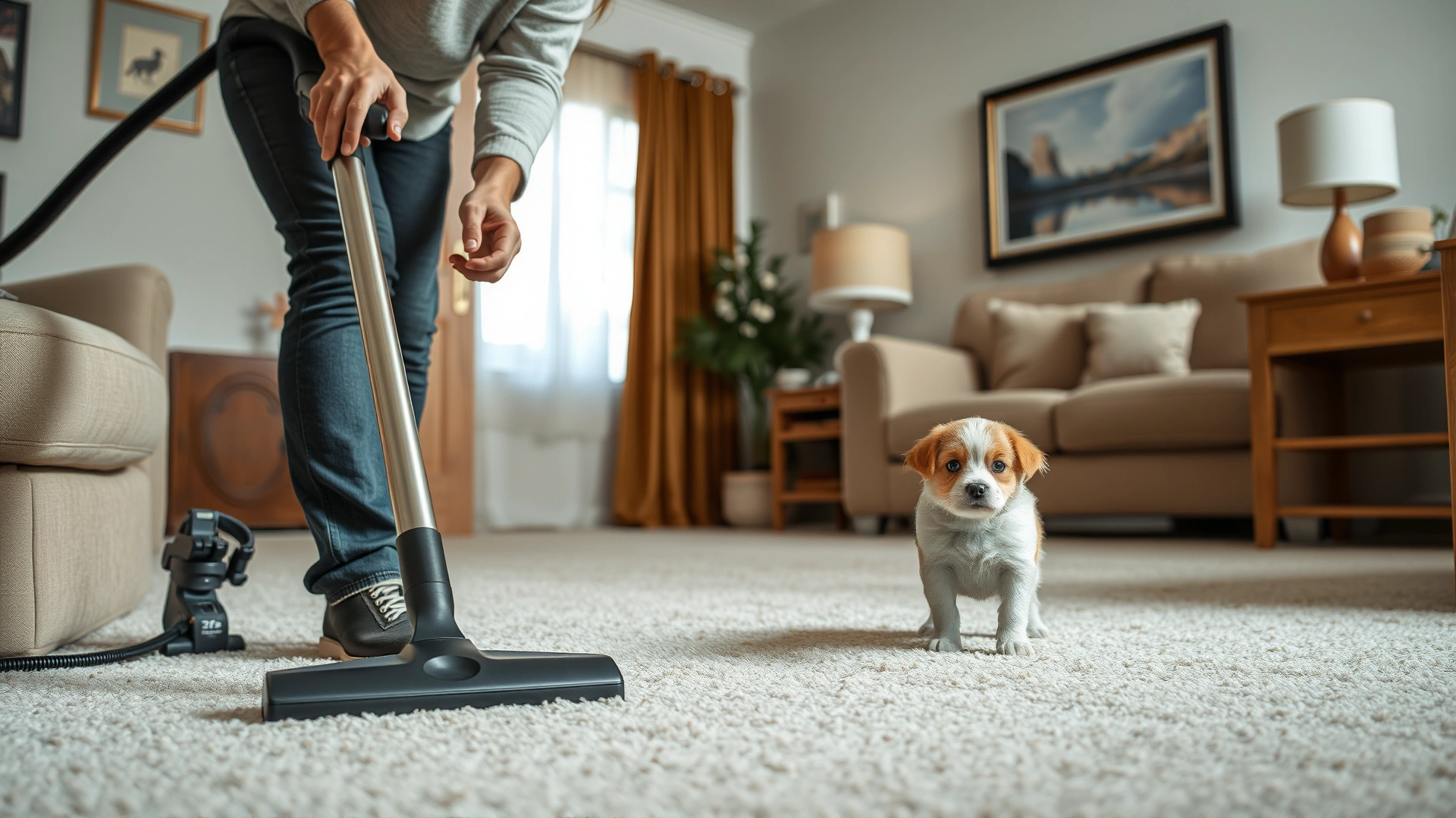 Pet owner vacuuming a living-room carpet with a small puppy watching nearby, illustrating environmental parasite control