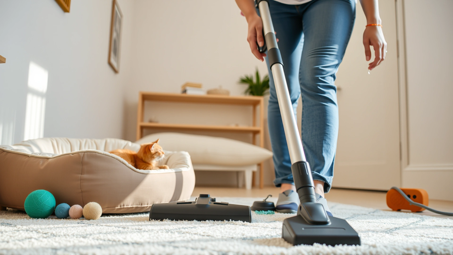 Person vacuuming a rug beside a cat bed and toys, bright household interior, emphasizing cleanliness for flea control.
