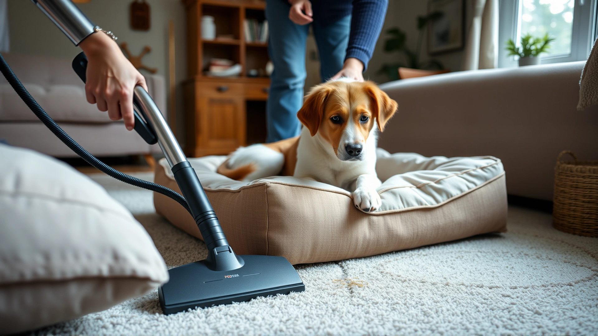 Person vacuuming a dog bed and surrounding carpet to remove flea eggs inside a cozy home