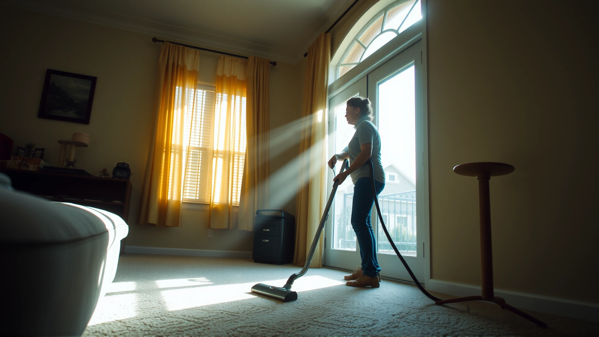 Person vacuuming a carpeted living room with sunlight streaming through the windows, cat tree visible in the background, focus on cleanliness.