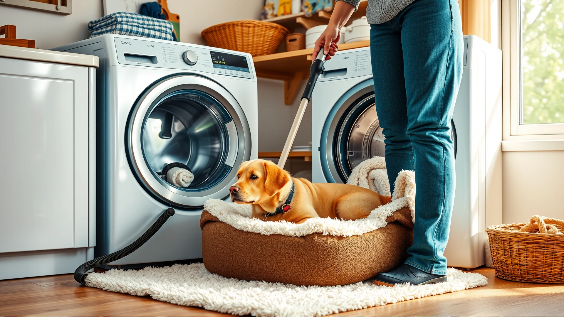 Pet owner vacuuming a dog bed while dog bedding is being washed in a modern washing machine, bright laundry room