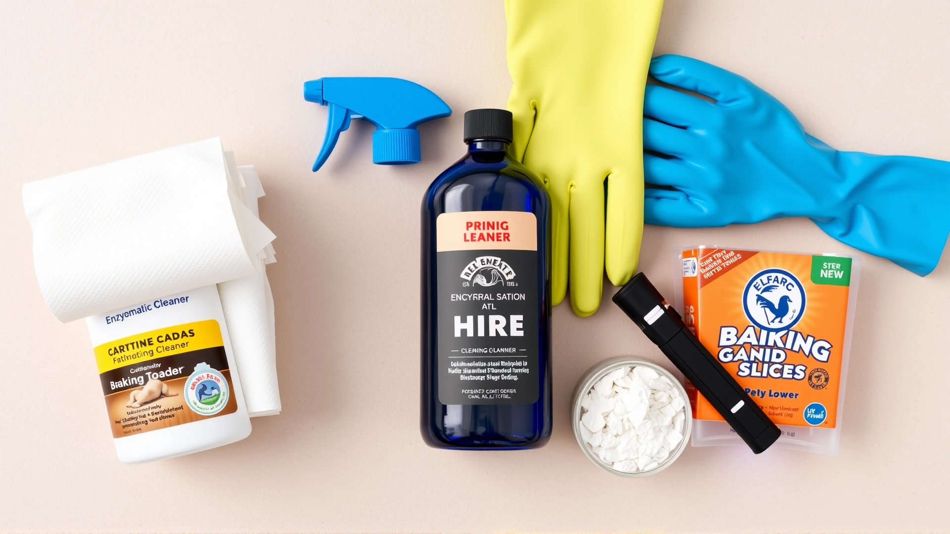 Flat lay of cleaning supplies for pet urine: enzymatic cleaner bottle, stack of white paper towels, baking soda jar, rubber gloves, and a small UV flashlight on a neutral background.