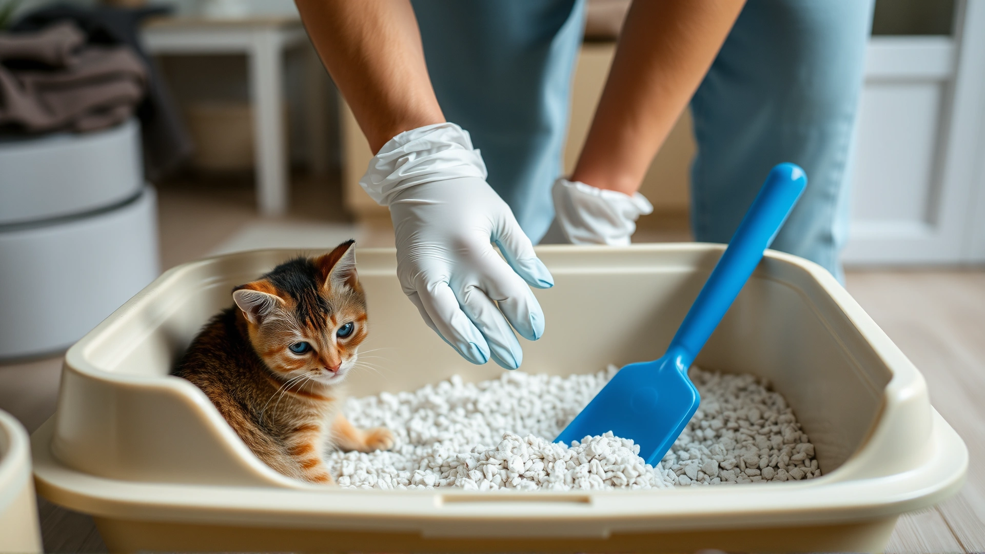 Person wearing disposable gloves scooping clumping litter from a cat litter box in a tidy home, focus on hygiene and cleanliness