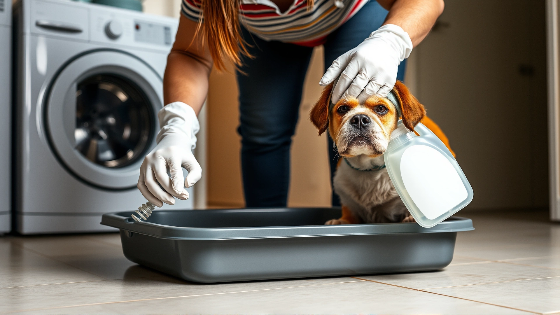 Pet owner wearing gloves cleaning a litter box with disinfectant spray, tiled laundry room.