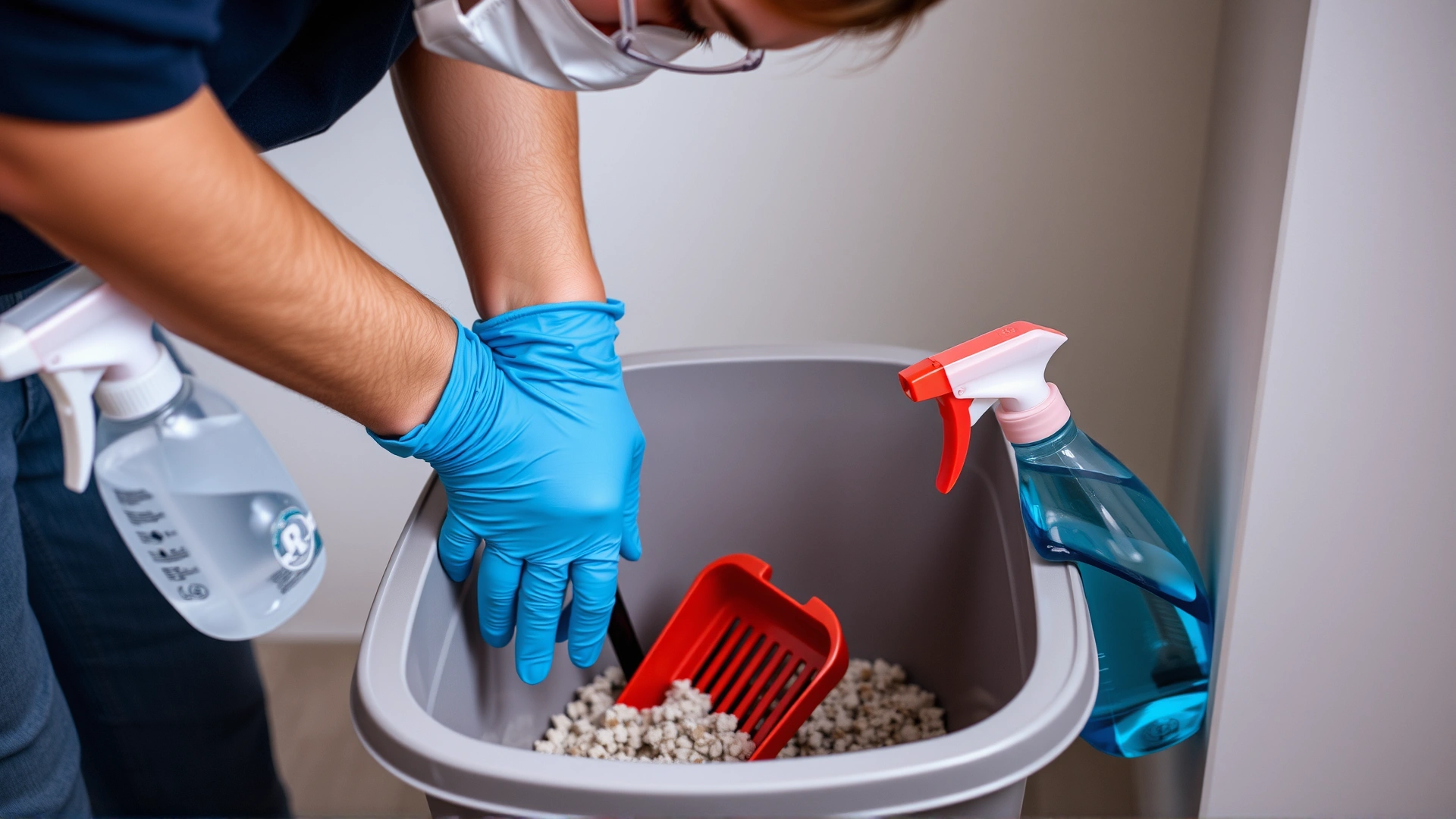 Person wearing gloves and a mask cleaning a cat litter box with a scoop, disinfectant spray bottle visible nearby.