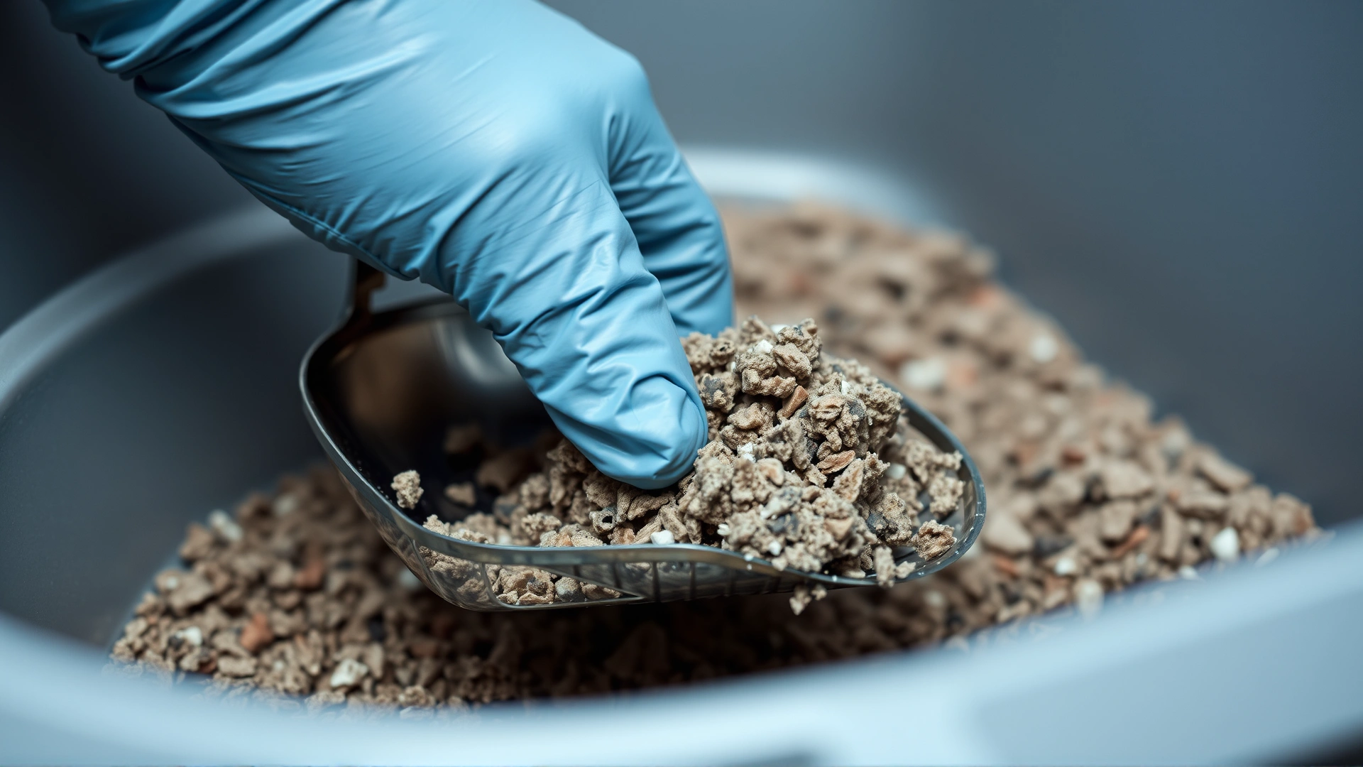 Close-up of gloved hand scooping solid clump from litter box with metal scoop, sharp focus