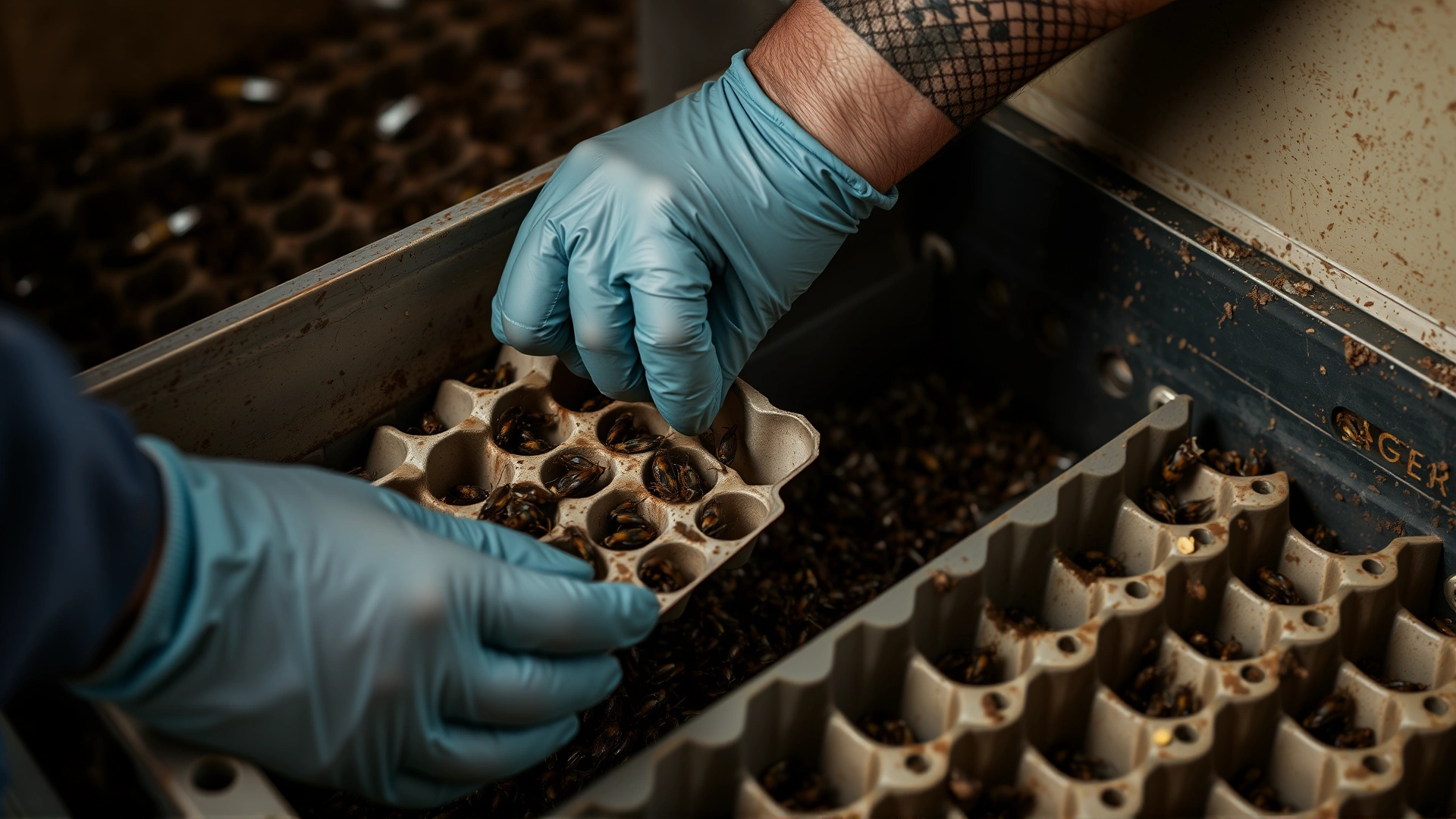 Person wearing gloves cleaning a cricket bin, removing old egg cartons and debris, high-resolution photo