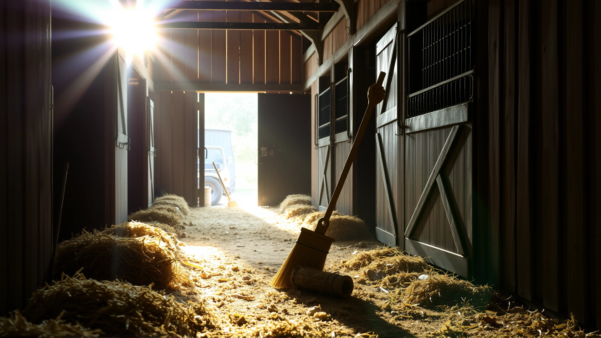 Stable hand sweeping loose hay and dust from a barn aisle with a long broom, sunlight streaming through open doors