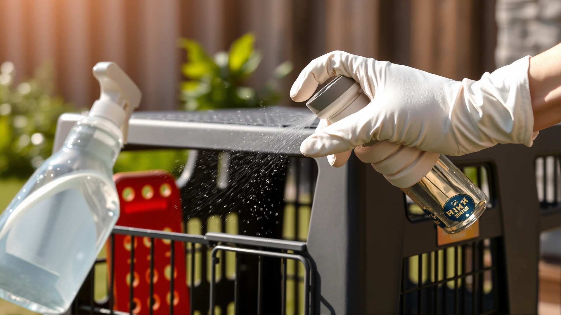 Gloved hands spraying disinfectant onto a plastic pet crate outdoors, water droplets visible in sunlight.