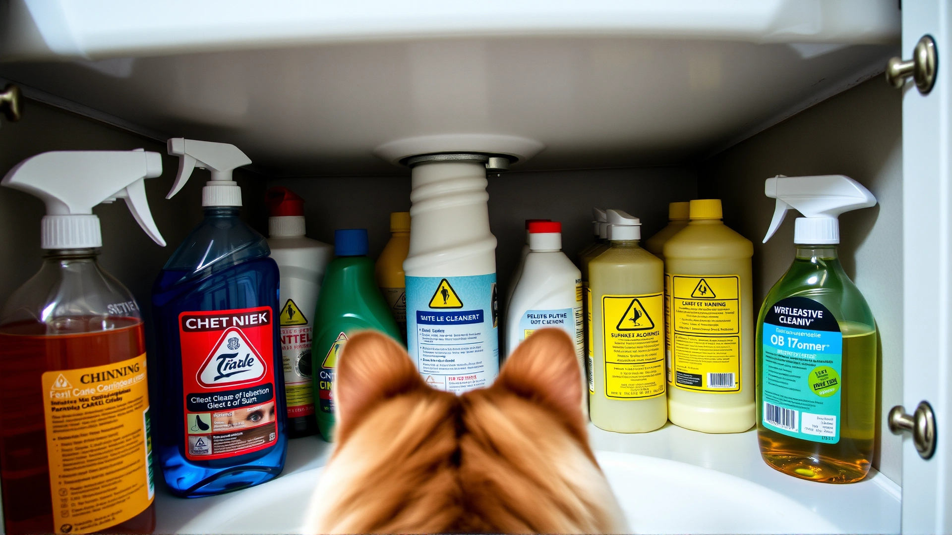 Multiple cleaning product bottles with bright warning labels placed under a sink door left ajar, viewed from a cat’s perspective.