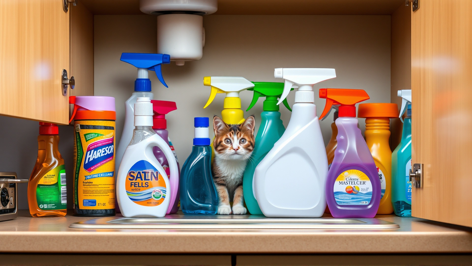 Colorful cleaning supplies and spray bottles stored under a kitchen sink, with a cat peeking inside the cabinet.