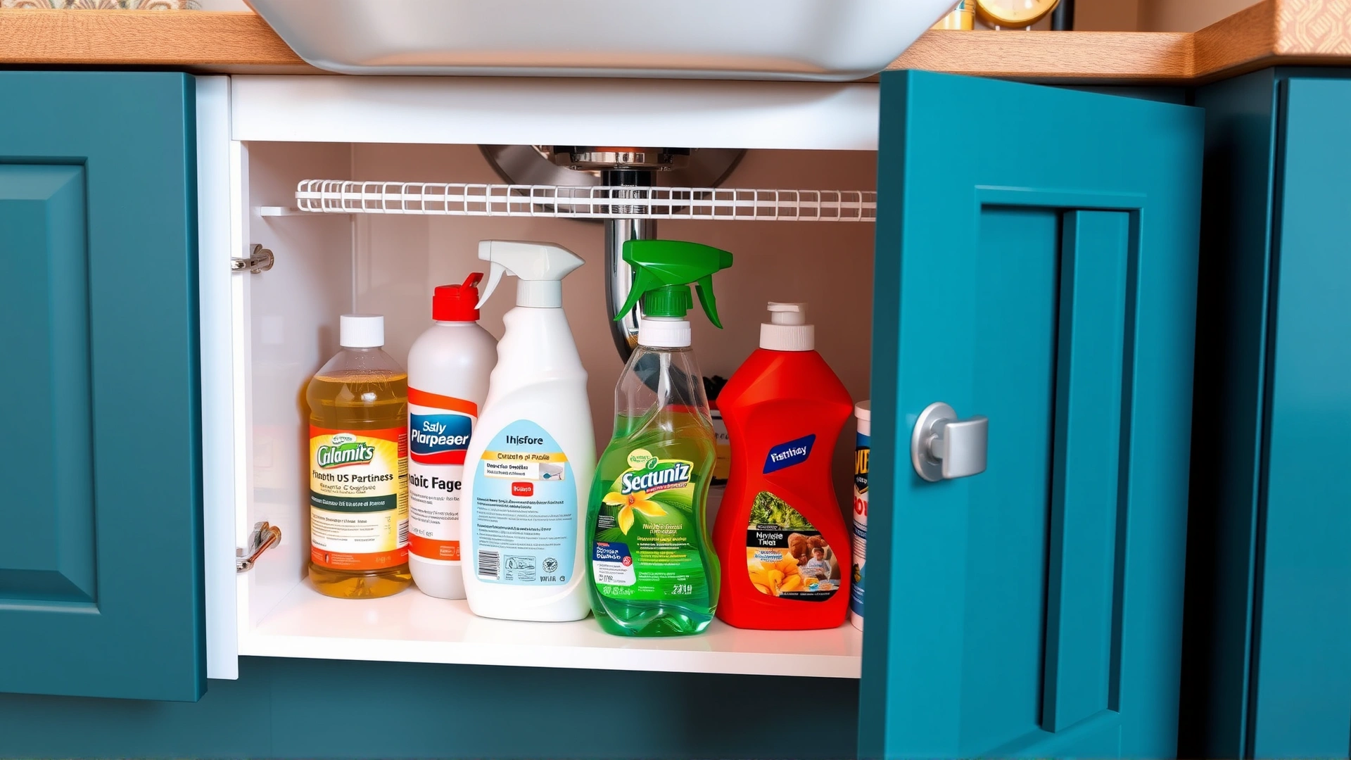 Under-sink cabinet door open showing neatly organized but clearly labeled cleaning products and a child-proof lock attached