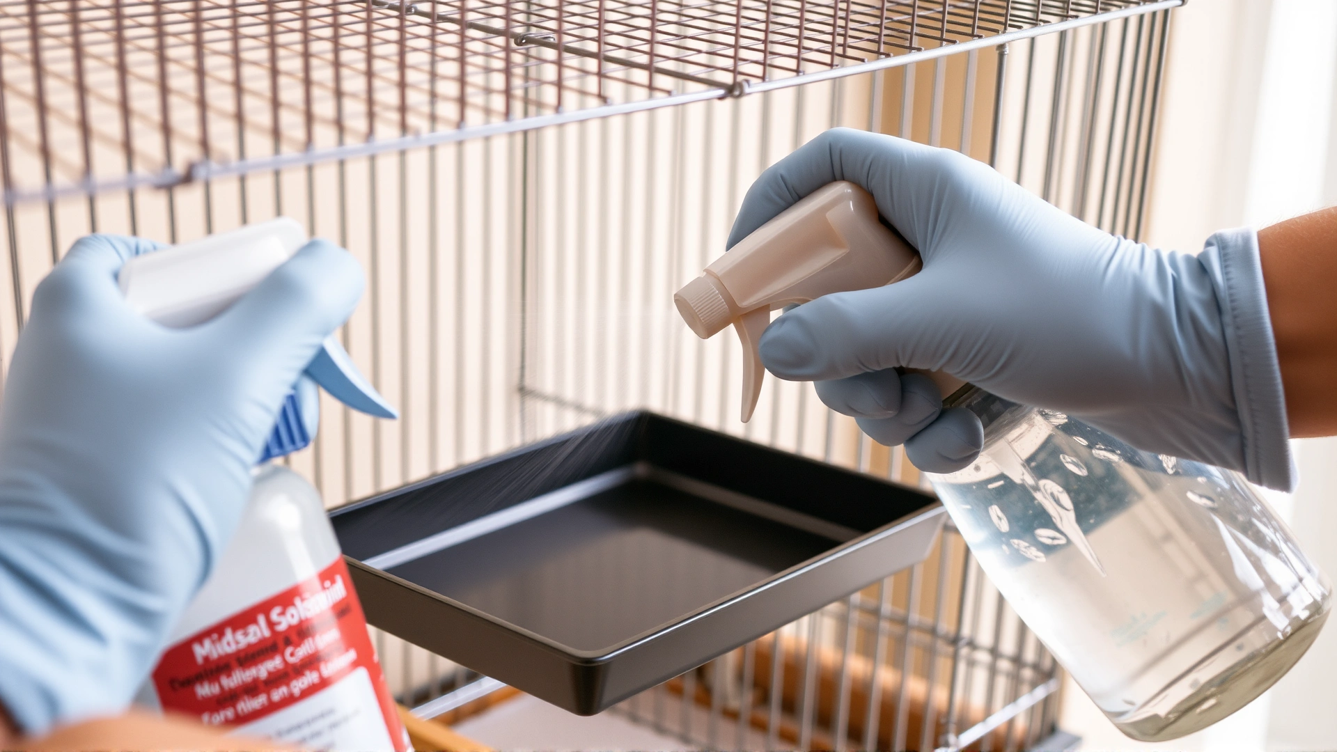 Gloved hands removing the tray of a bird cage and spraying it with a safe cleaning solution.