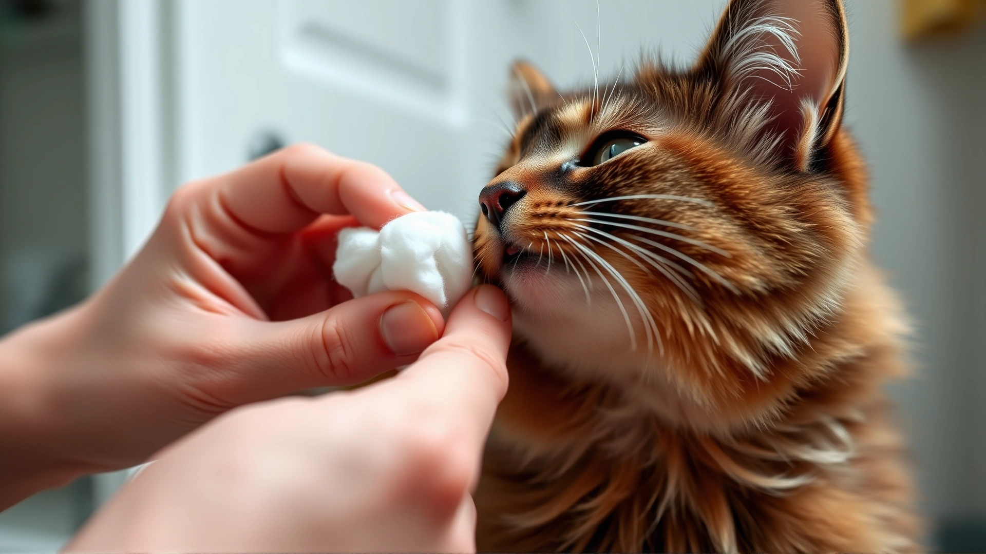 Sequence style image: a hand holding a cotton ball cleaning the inner flap of a cat's ear, soft focus background of home bathroom