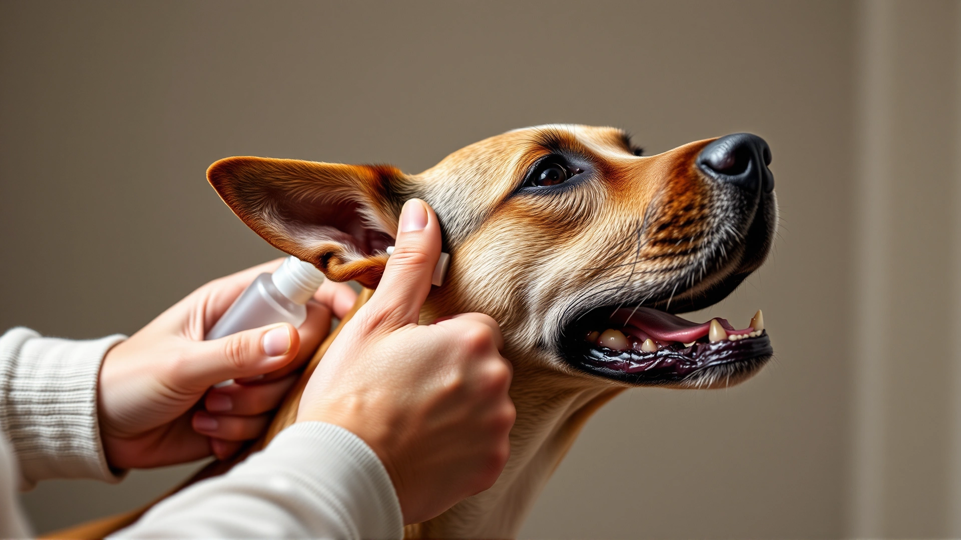 Owner tilting a dog’s ear up and applying ear cleaning solution, mid-action view focused on hand and bottle; background softly blurred.
