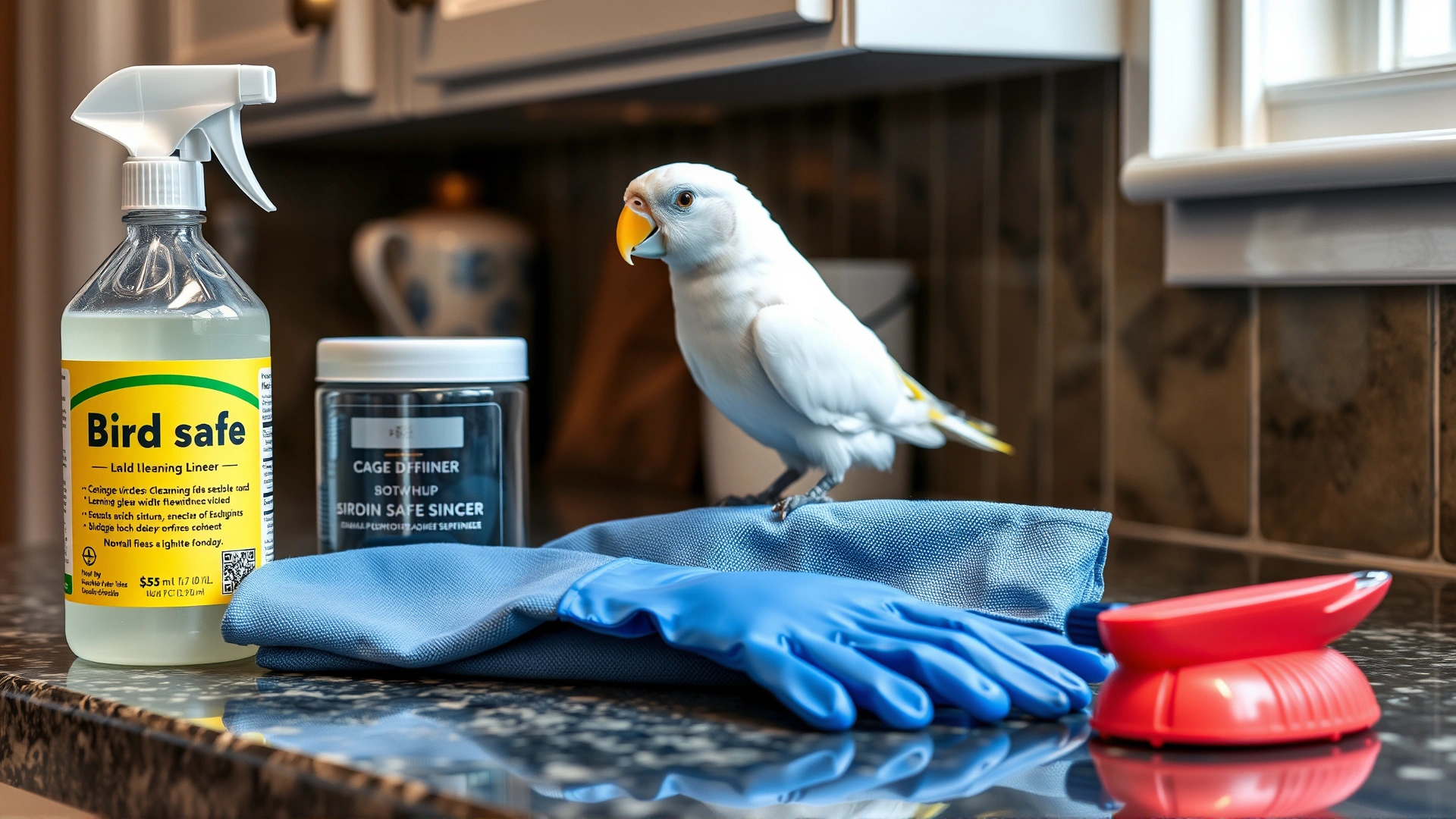 Bird-safe cleaning supplies like mild disinfectant, cage liners, scrub brush and rubber gloves neatly arranged on a kitchen counter.