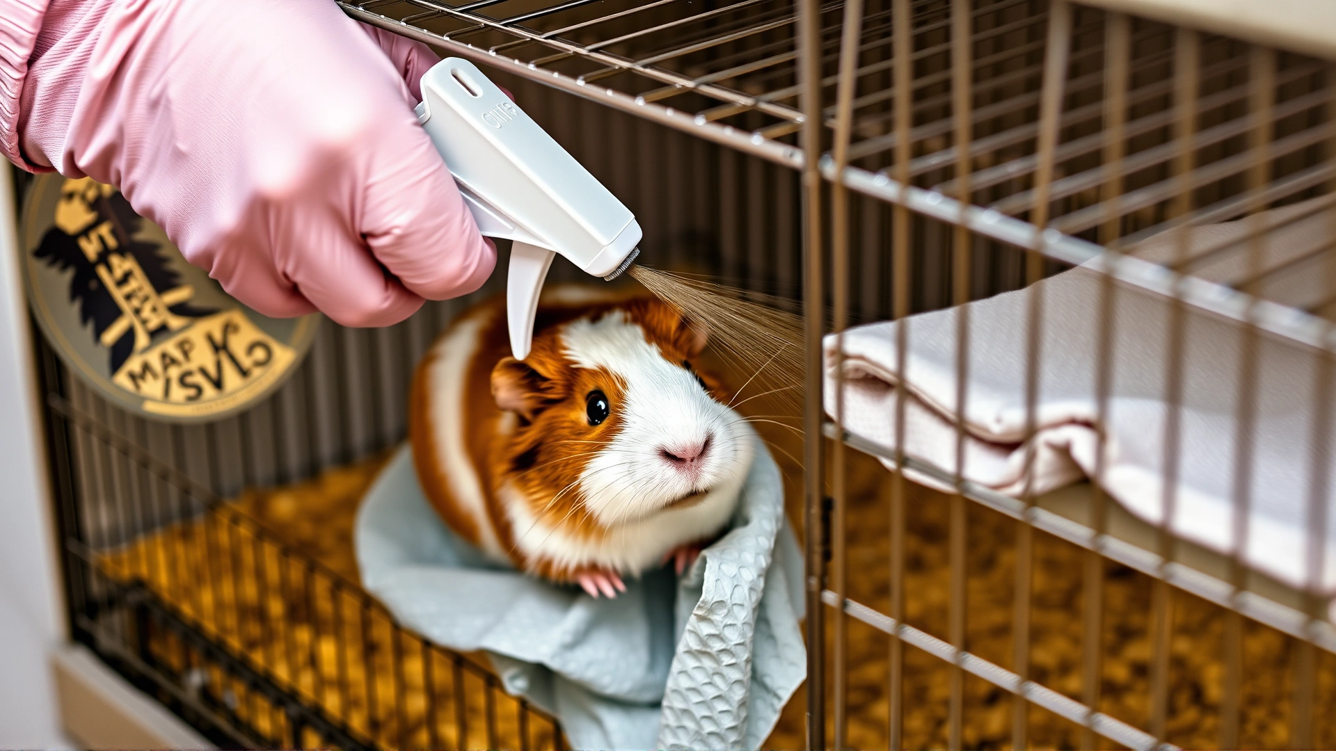 Pet owner wearing gloves disinfecting a guinea pig cage using a spray bottle and paper towels, focus on hands and cleaning tools.