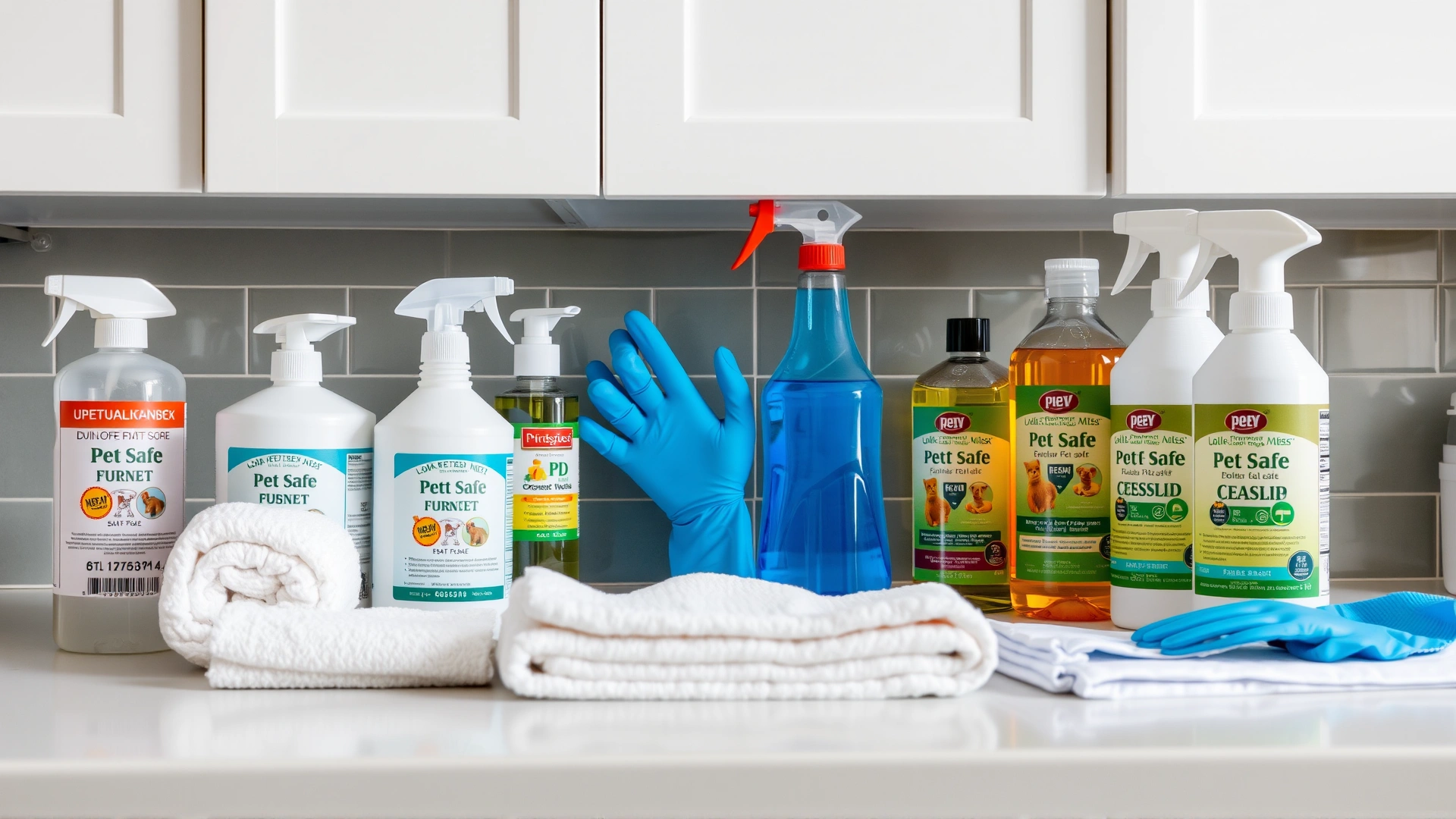 Assortment of pet-safe disinfectant bottles, gloves, and white cleaning towels neatly arranged on a countertop; bright lighting; high-resolution photo, no text