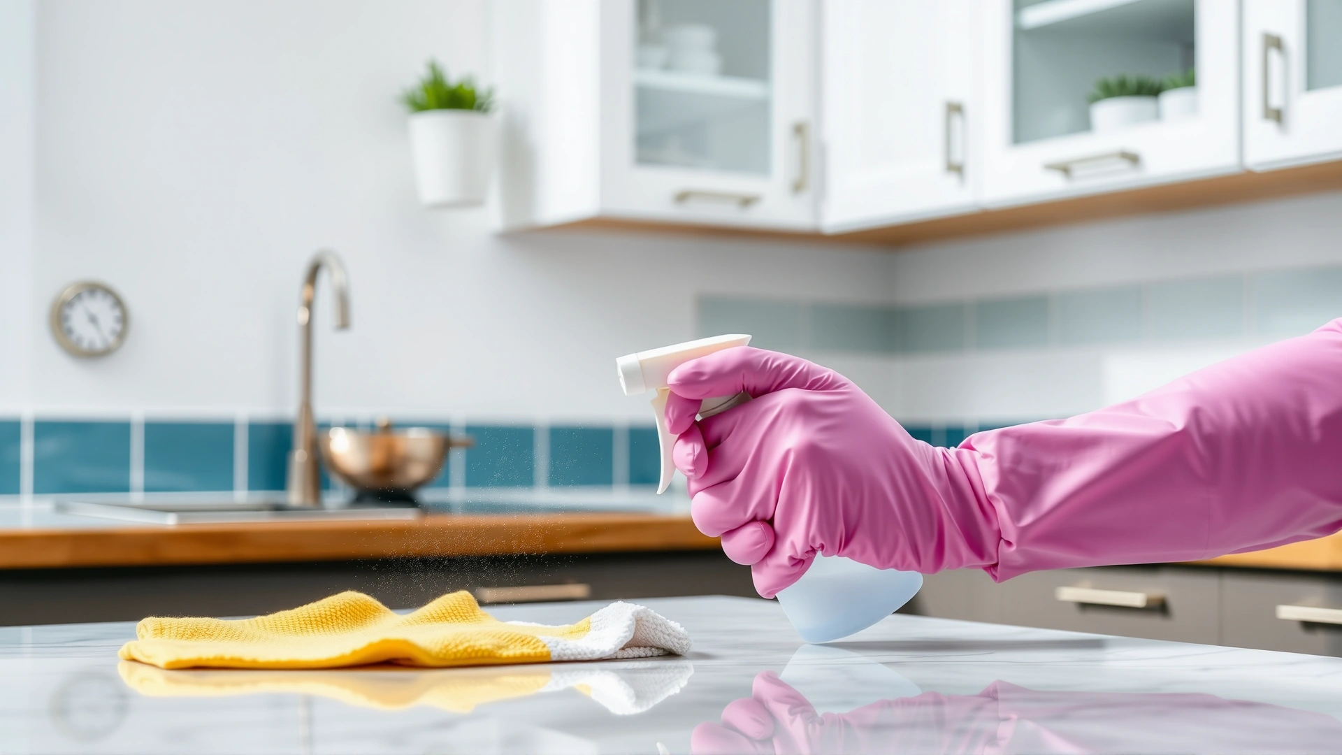 Gloved hands spraying disinfectant on a countertop and wiping with a cloth, bright kitchen background