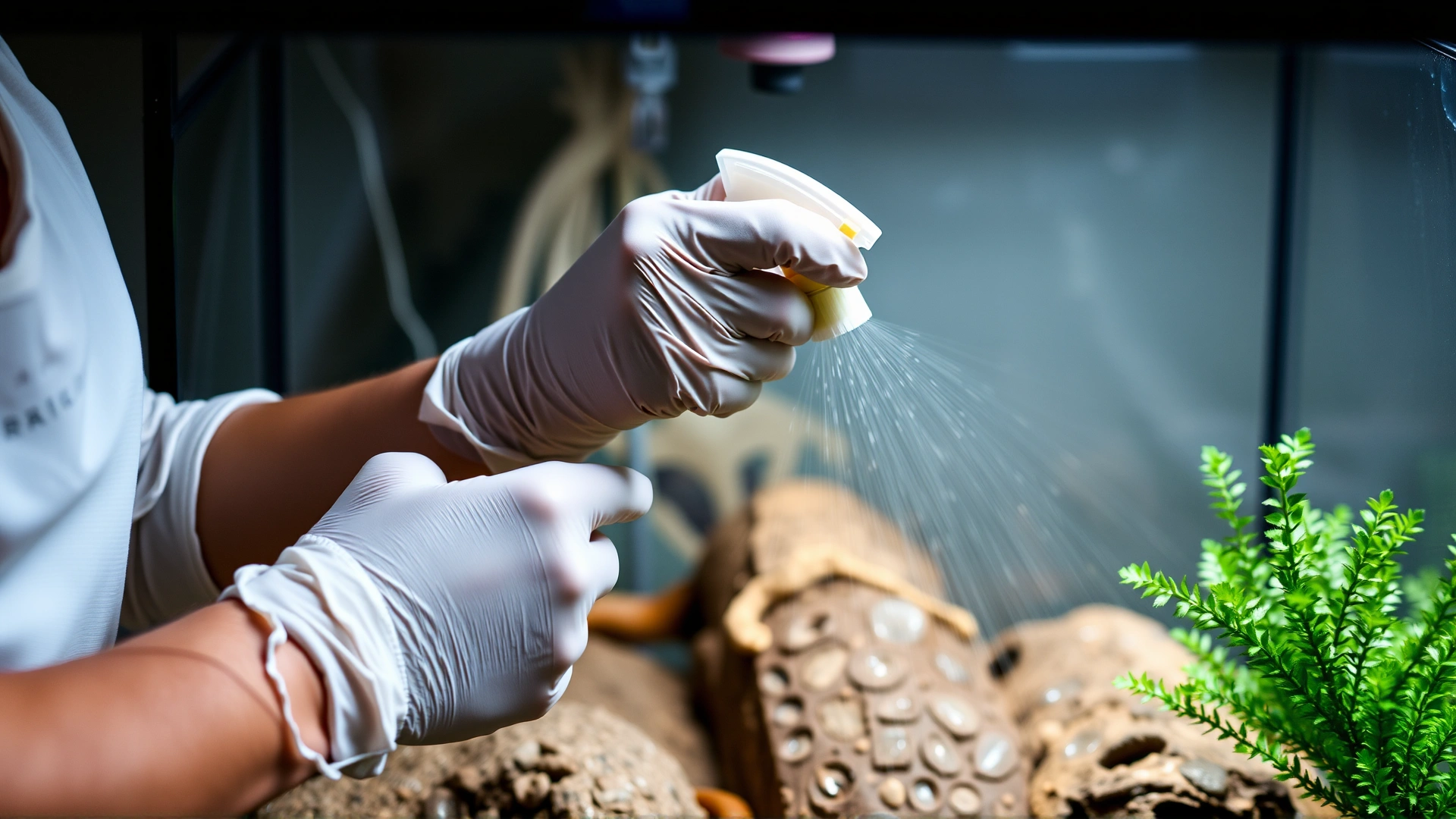 Person wearing gloves thoroughly scrubbing a reptile terrarium with visible spray bottle and cleaning brush, emphasizing sanitation.