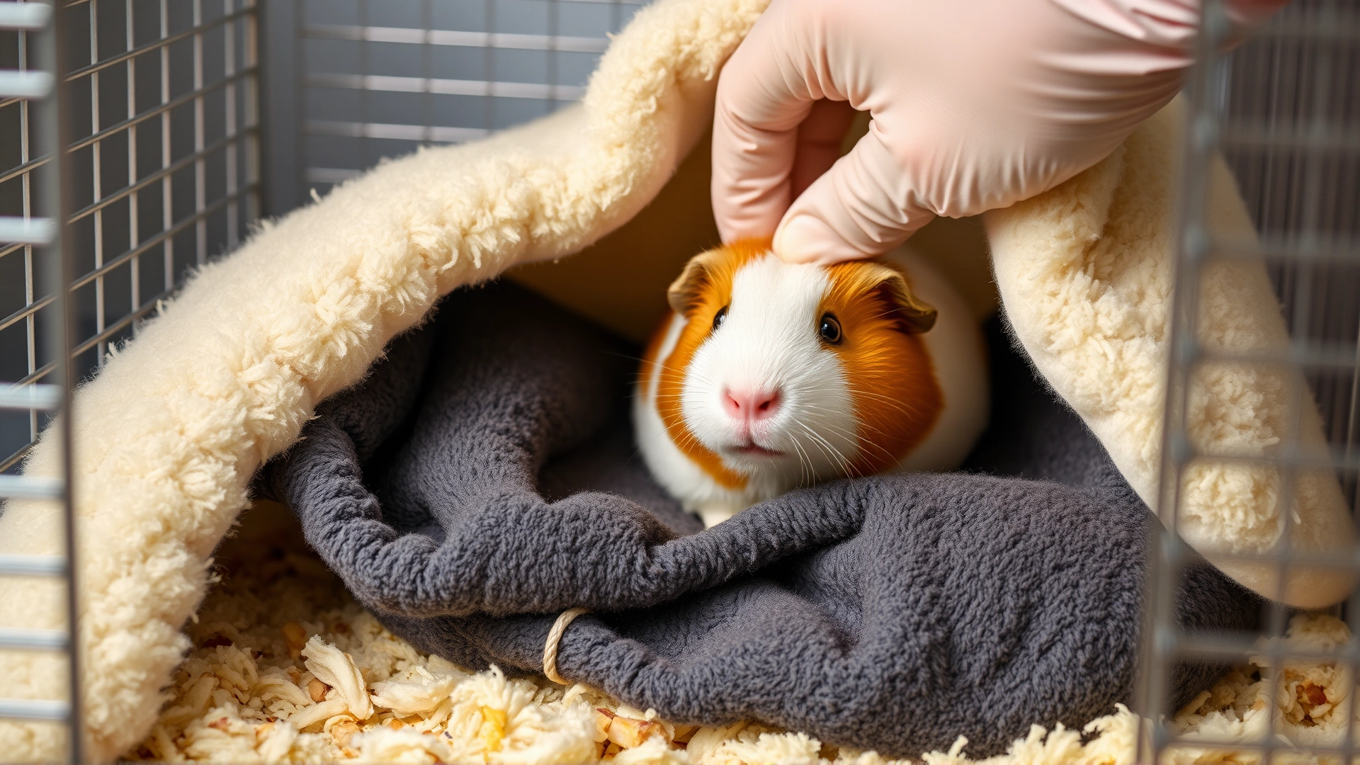 Person wearing gloves removing soiled bedding and replacing it with clean fleece inside a guinea pig cage, emphasizing cleanliness
