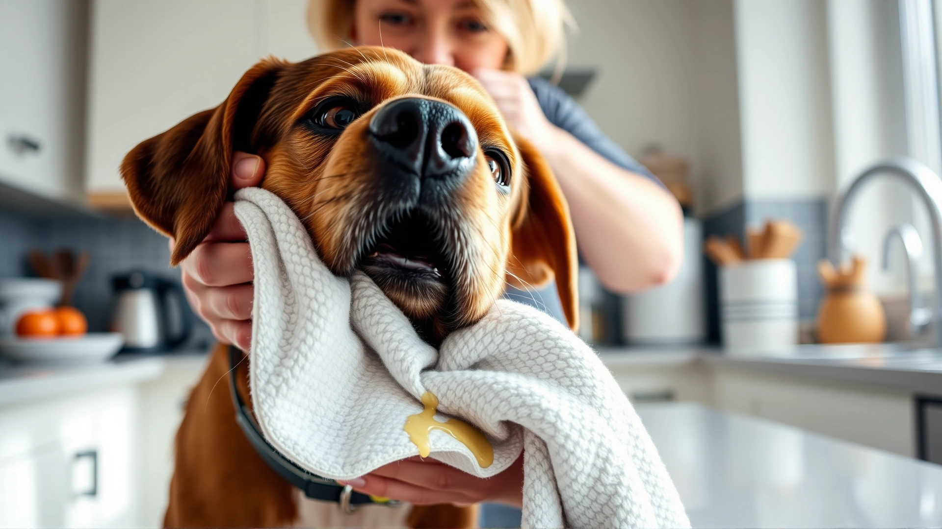 Pet owner wiping dog's mouth with a soft towel in a bright kitchen, drool visible on the towel.