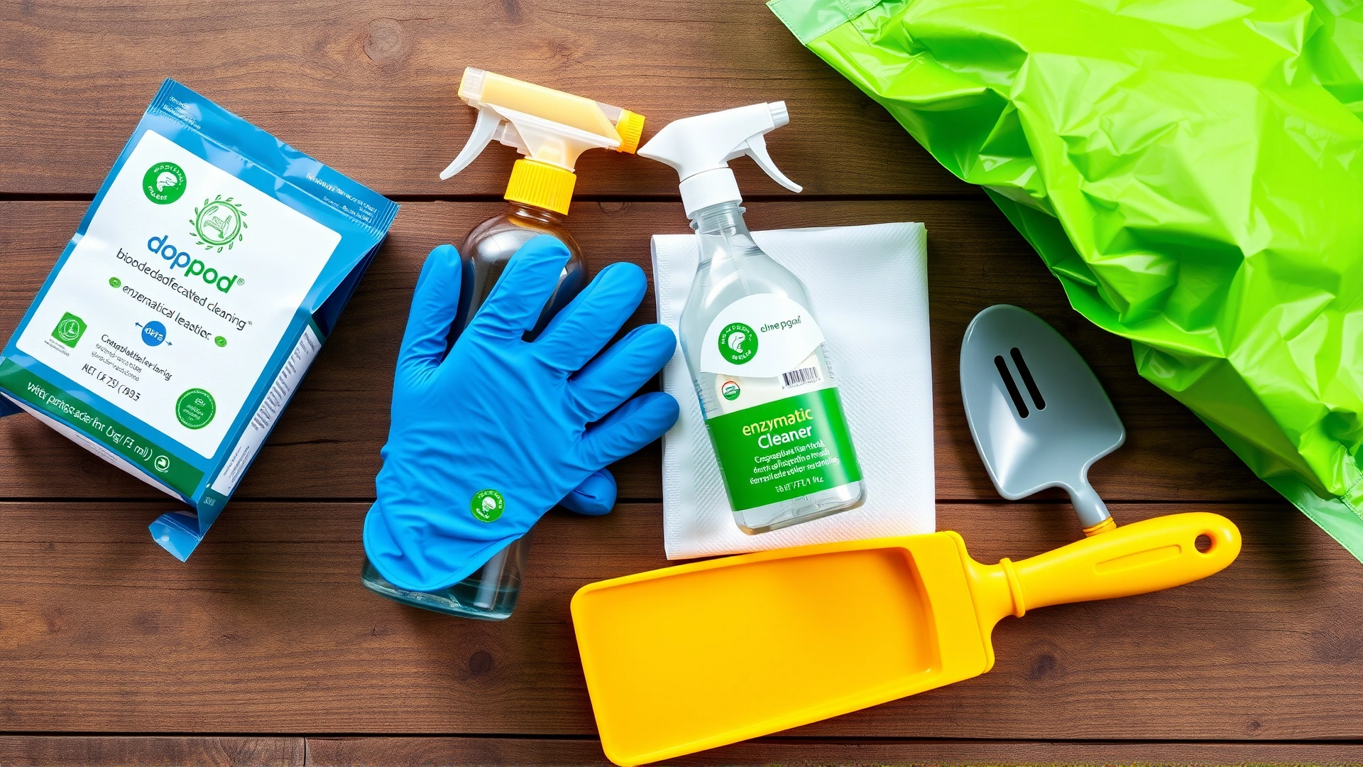 Flat lay photograph of dog poop cleaning tools on a wooden surface: biodegradable bags, disposable gloves, enzymatic cleaner spray, paper towels, and a small poop scooper