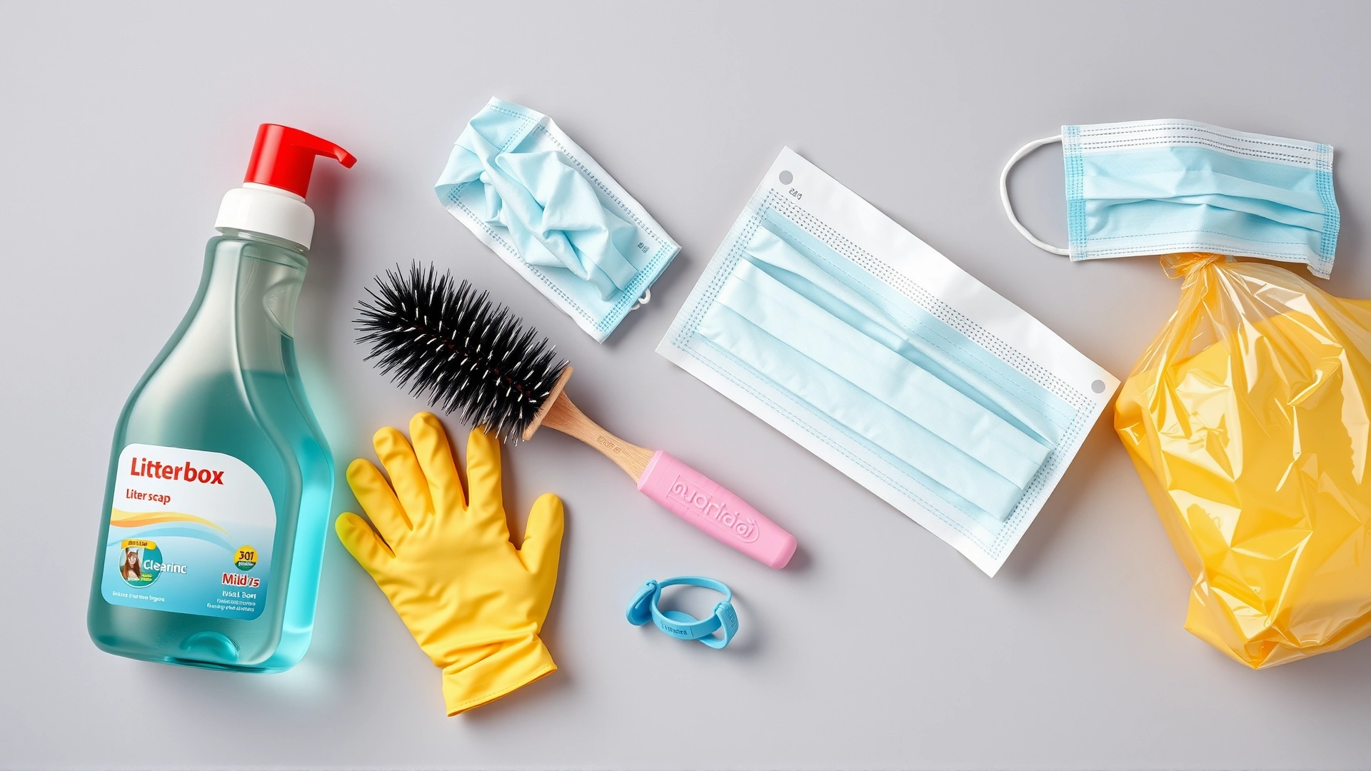 Flat lay of litter-box cleaning supplies: mild soap, scrub brush, disposable gloves, surgical mask, garbage bags on a neutral background