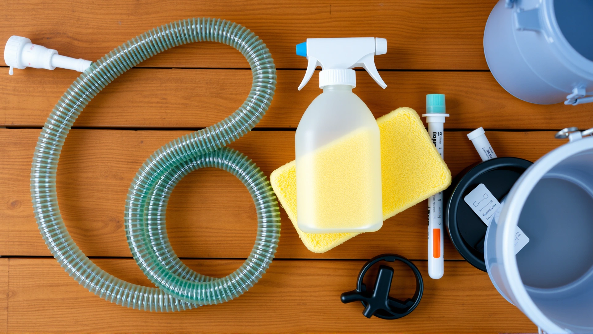 Flat lay photo of turtle tank cleaning equipment including a siphon hose, soft sponge, water conditioner bottle, water testing strips, and a bucket on a wooden surface.