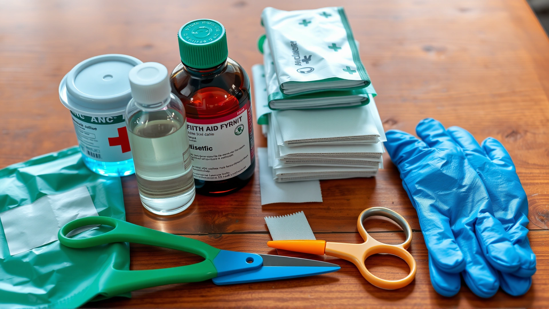 A neatly arranged set of canine first-aid supplies on a wooden table, including antiseptic solution, gauze pads, scissors and latex gloves, captured in bright daylight