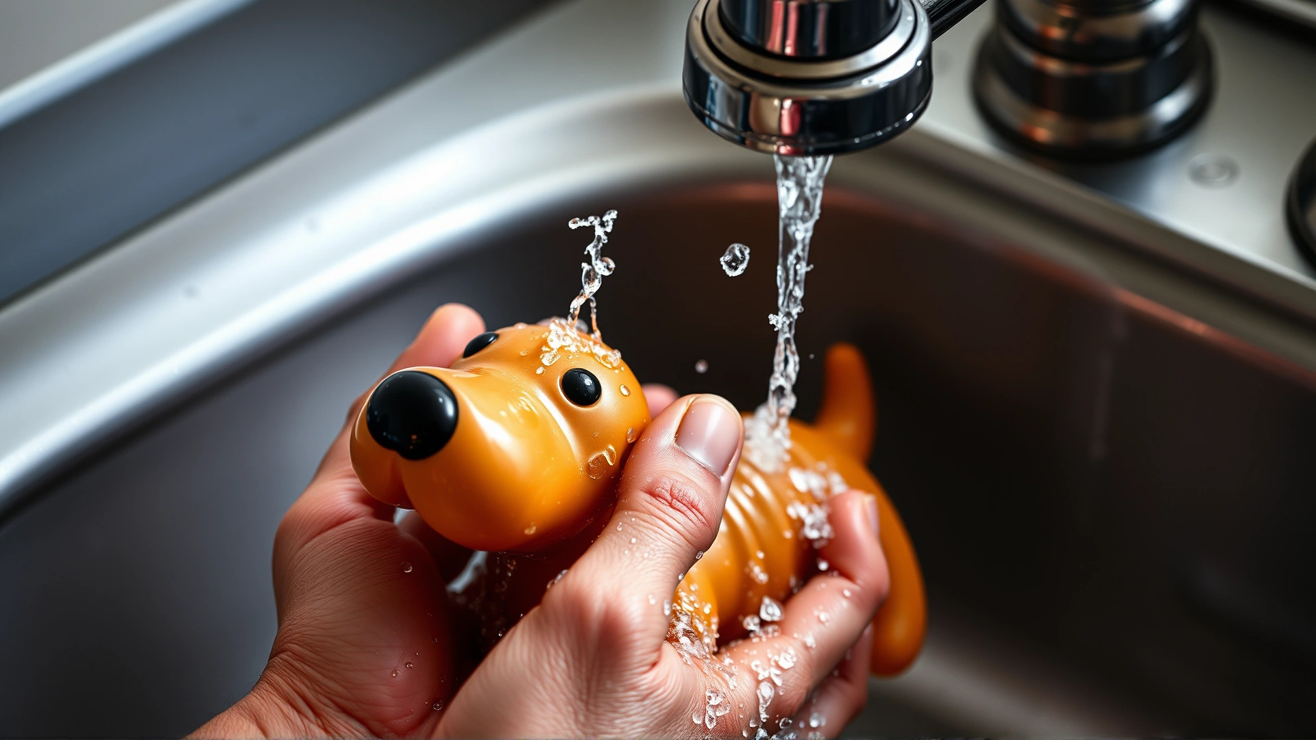 Close-up of human hands washing a rubber dog toy with warm soapy water under a kitchen faucet, water splashing