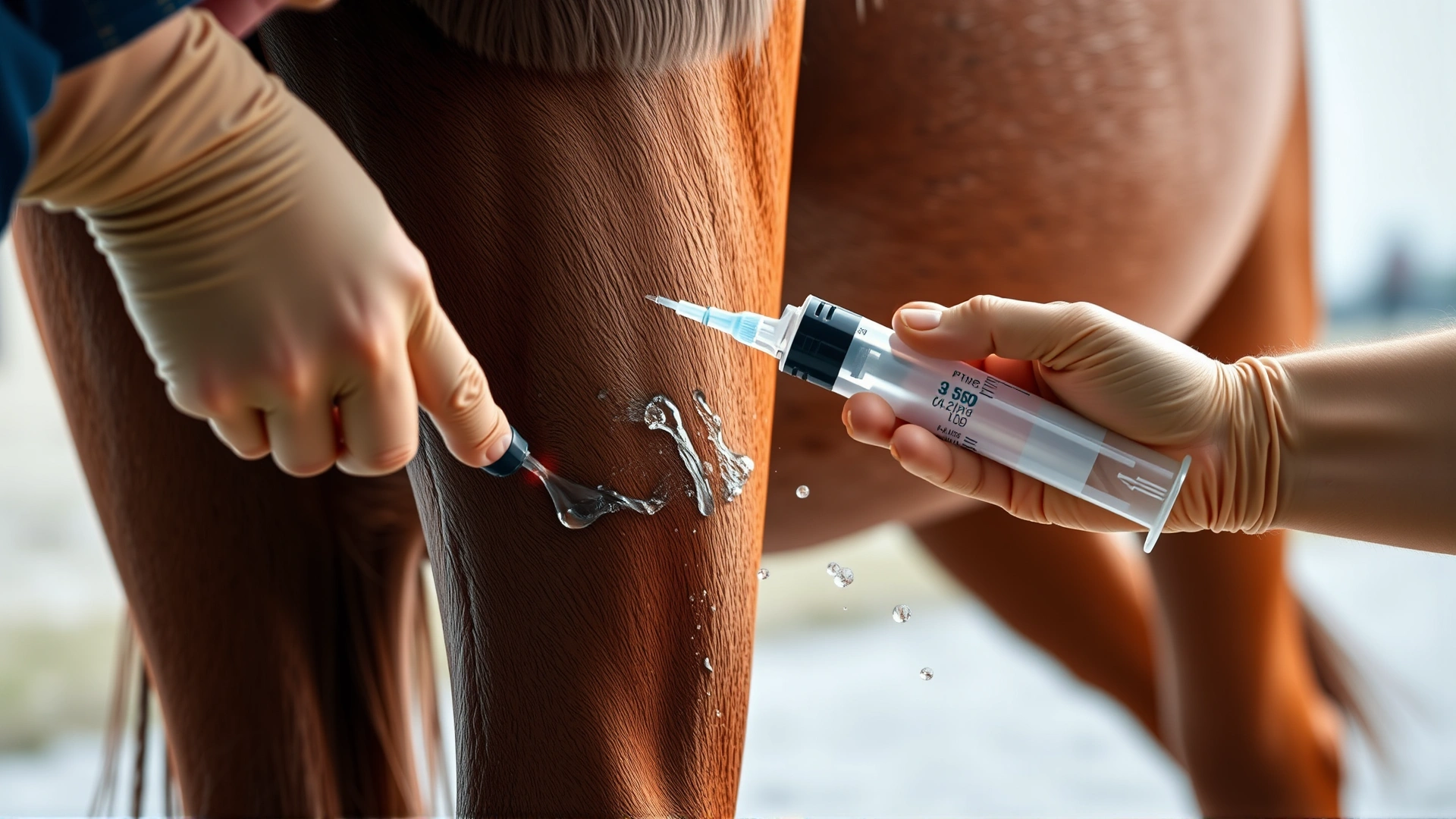 Action shot of a caretaker using a large syringe filled with saline to flush a horse’s leg wound, water droplets frozen mid-air.