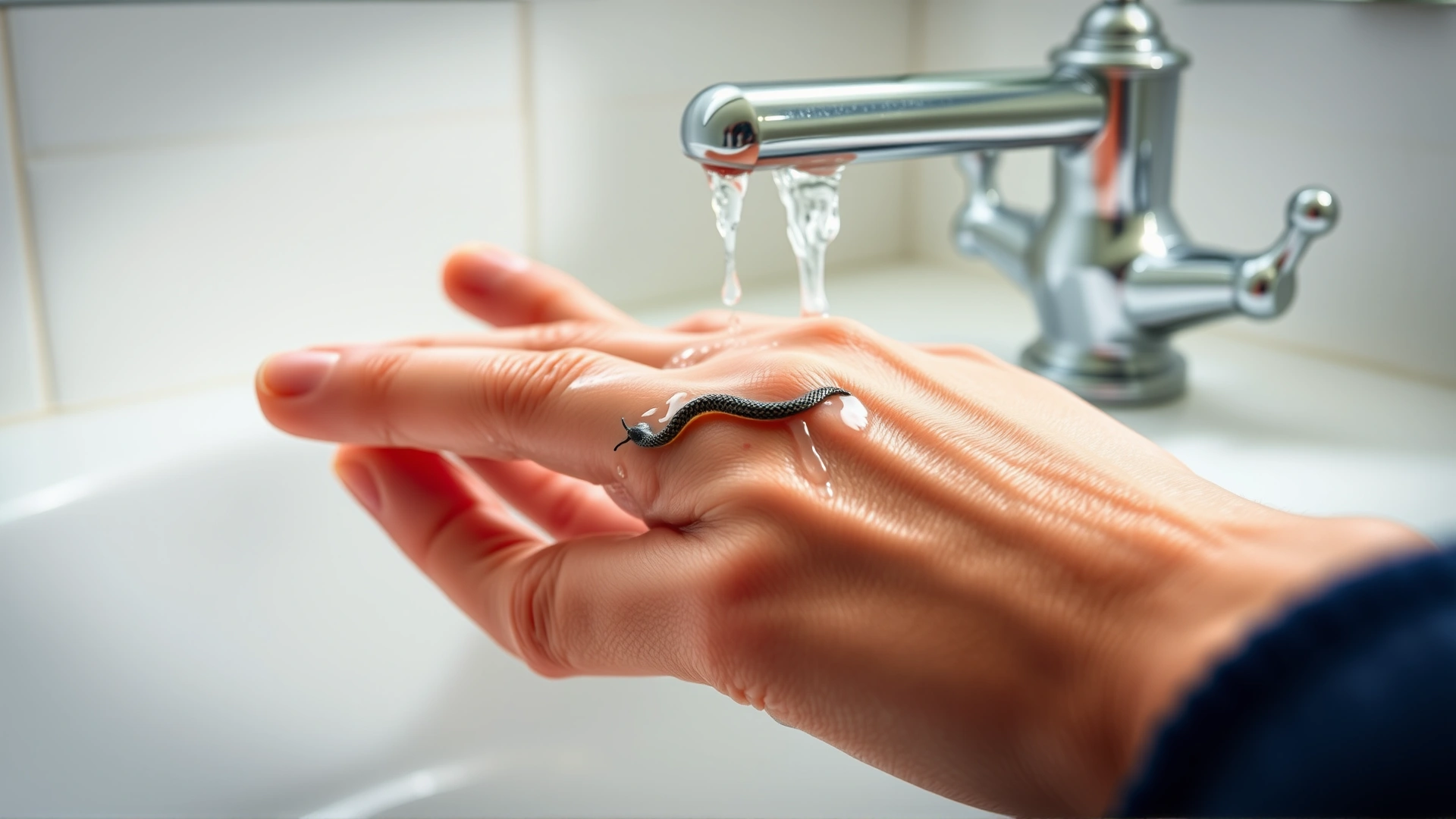 Close-up of a person washing a small snake bite on their finger under running tap water in a bright bathroom.