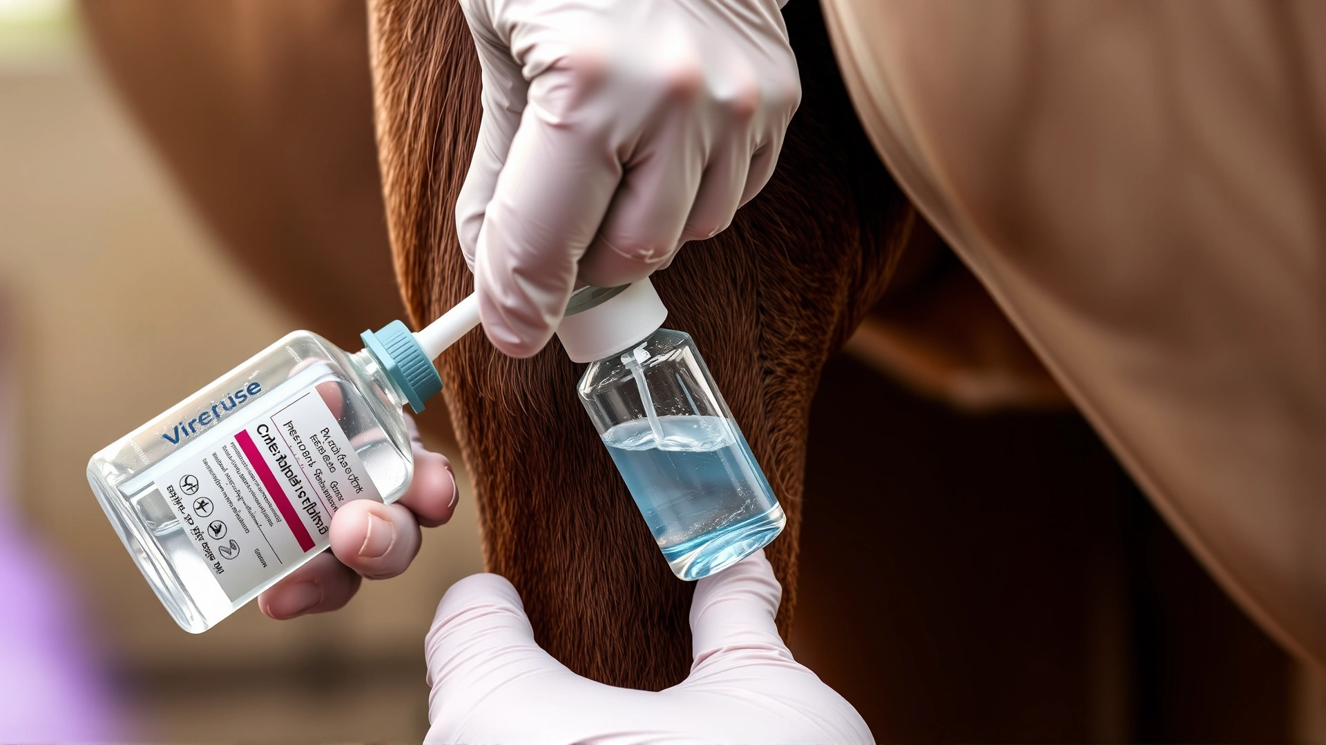 Close-up of gloved hands gently rinsing a minor wound on a horse’s leg with sterile saline from a squeeze bottle; stable background blurred, no text