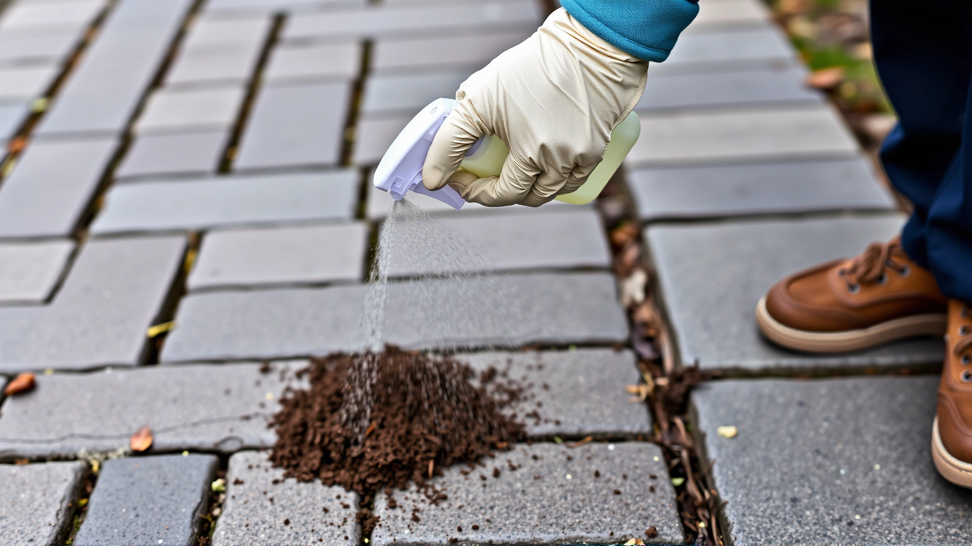 Person wearing gloves spraying disinfectant and wiping a paved sidewalk spot where dog poop was picked up; bottle and wipes in view.
