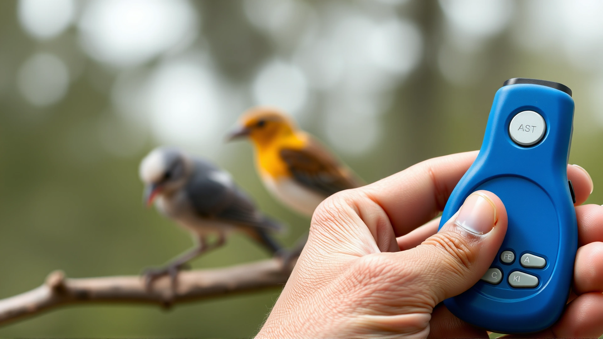 Close-up of a blue clicker device in trainer's hand with a blurred background of a bird perched nearby.