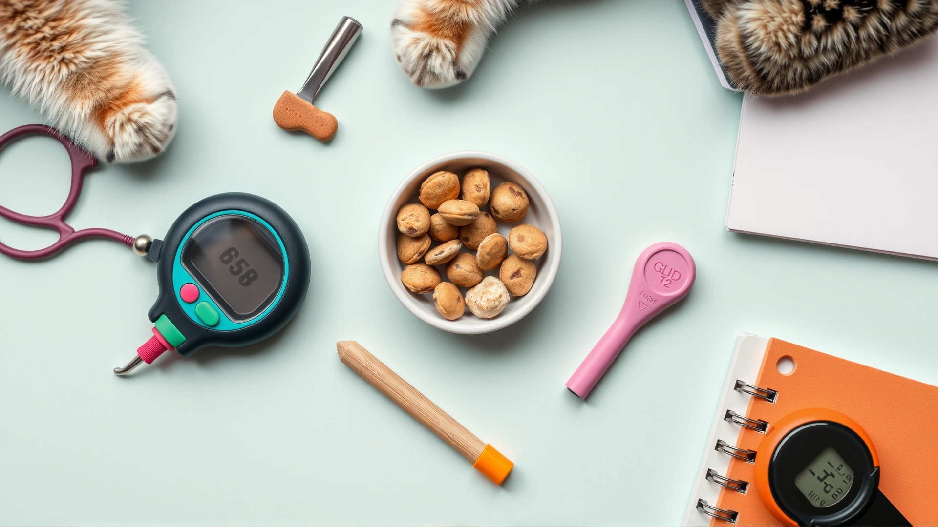 Flat lay of cat training tools: colorful clicker device, small bowl of treats, target stick, and notebook on pastel background, overhead shot.